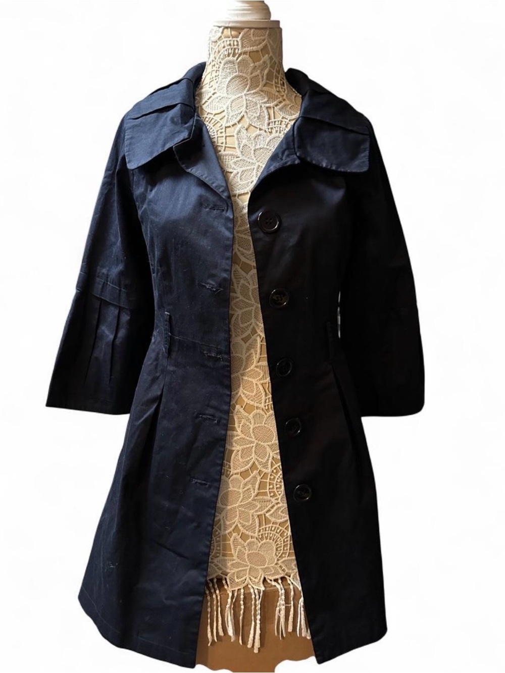 Express Dark Navy Button-Front Three-Quarter Sleeve Trench Coat